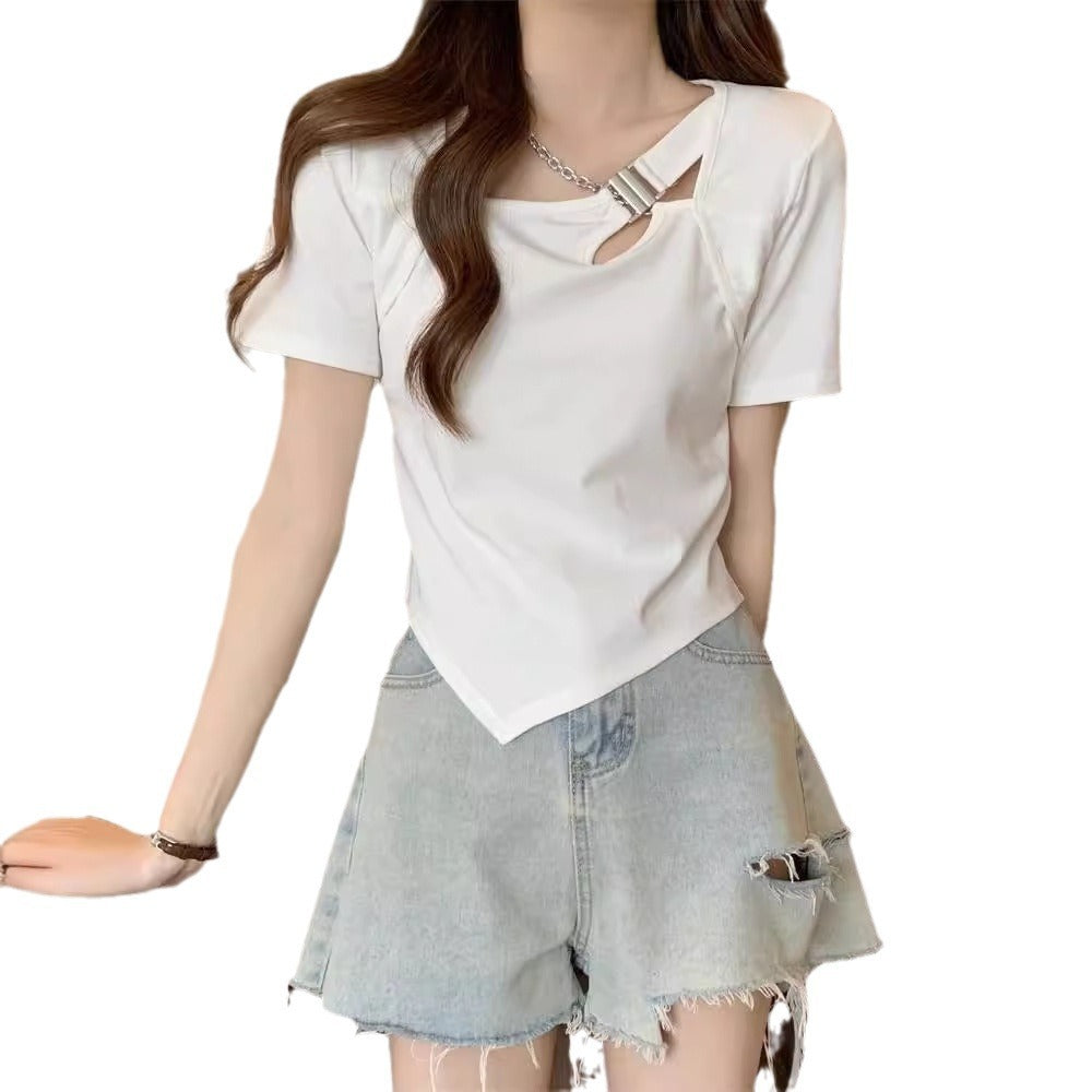 Slim Fit And Thin Cover Belly Hot Girl Irregular Short-sleeved T-shirt For Women