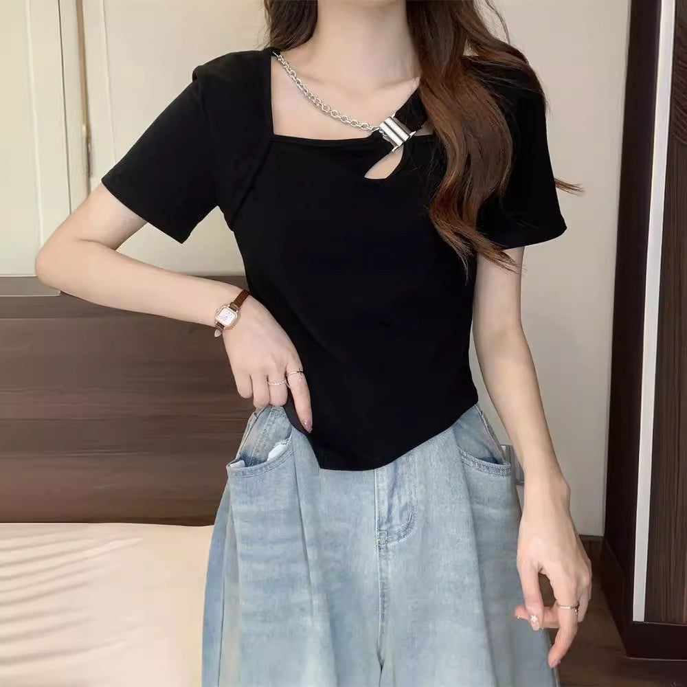 Slim Fit And Thin Cover Belly Hot Girl Irregular Short-sleeved T-shirt For Women