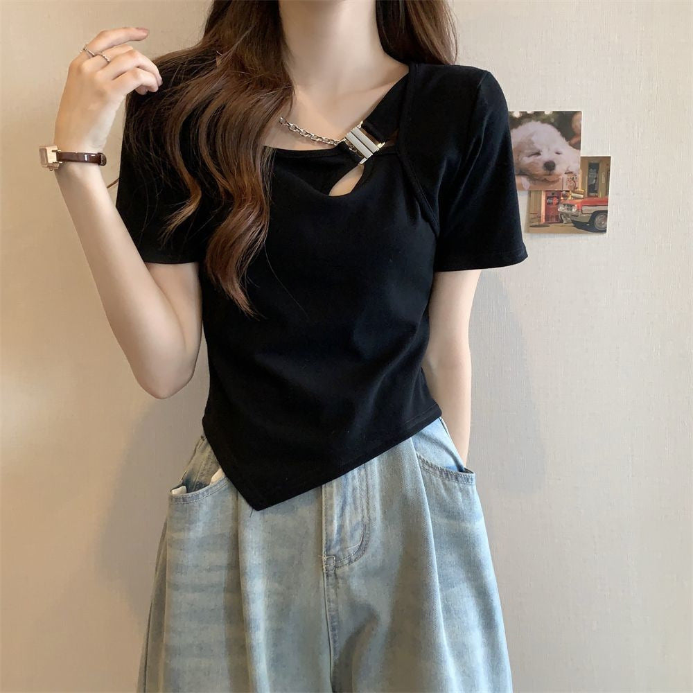 Slim Fit And Thin Cover Belly Hot Girl Irregular Short-sleeved T-shirt For Women