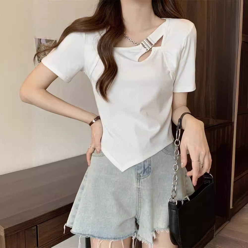Slim Fit And Thin Cover Belly Hot Girl Irregular Short-sleeved T-shirt For Women