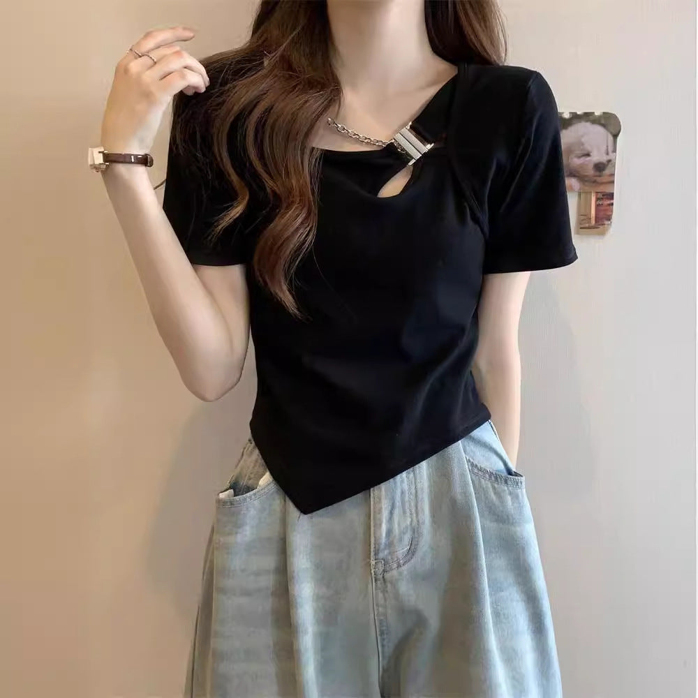 Slim Fit And Thin Cover Belly Hot Girl Irregular Short-sleeved T-shirt For Women