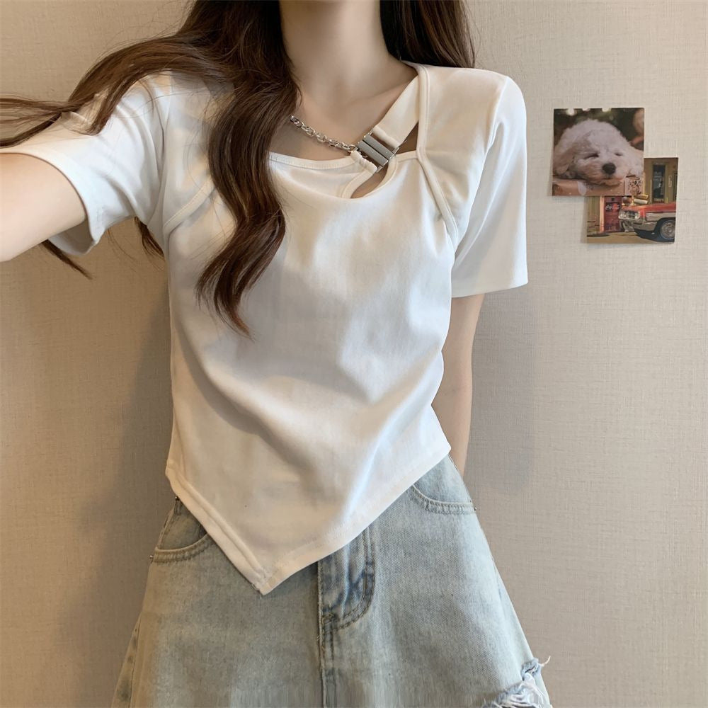 Slim Fit And Thin Cover Belly Hot Girl Irregular Short-sleeved T-shirt For Women