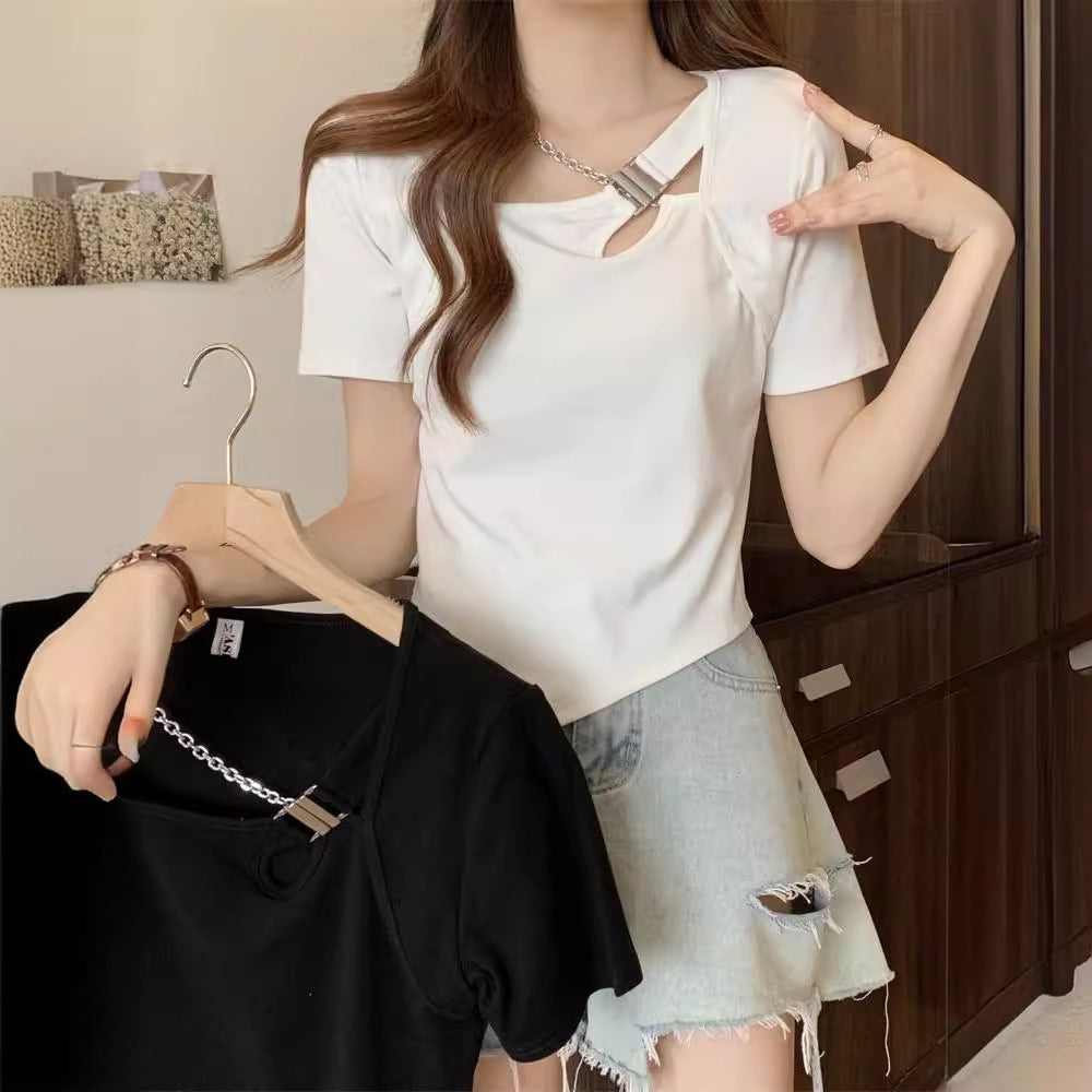Slim Fit And Thin Cover Belly Hot Girl Irregular Short-sleeved T-shirt For Women